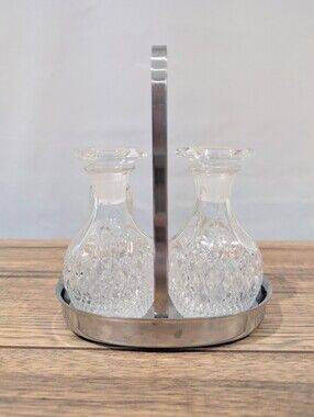Vintage Kamei Crystal Oil/Vinegar/Dressing Cruet Bottles In SS Carrier By Oneida
